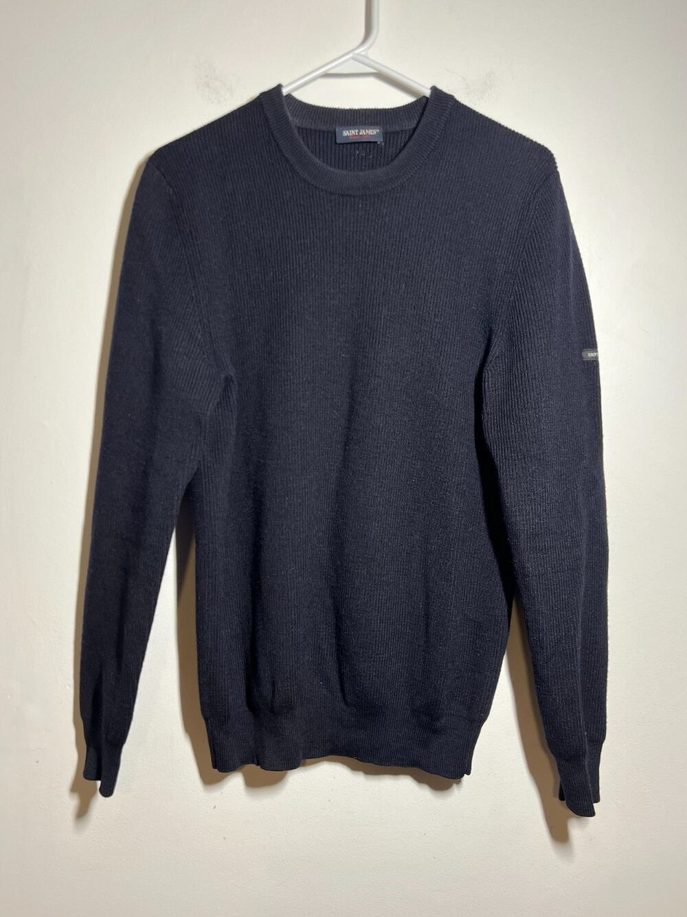 Saint James Men EUC Navy Blue 100% Wool Ribbed Crew Neck Pullover Sweater M/L
